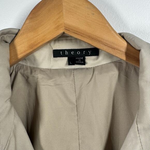 Theory Trench Coat Women L Tan Midi Long Sleeve Double Breast Minimal Career - Picture 6 of 10